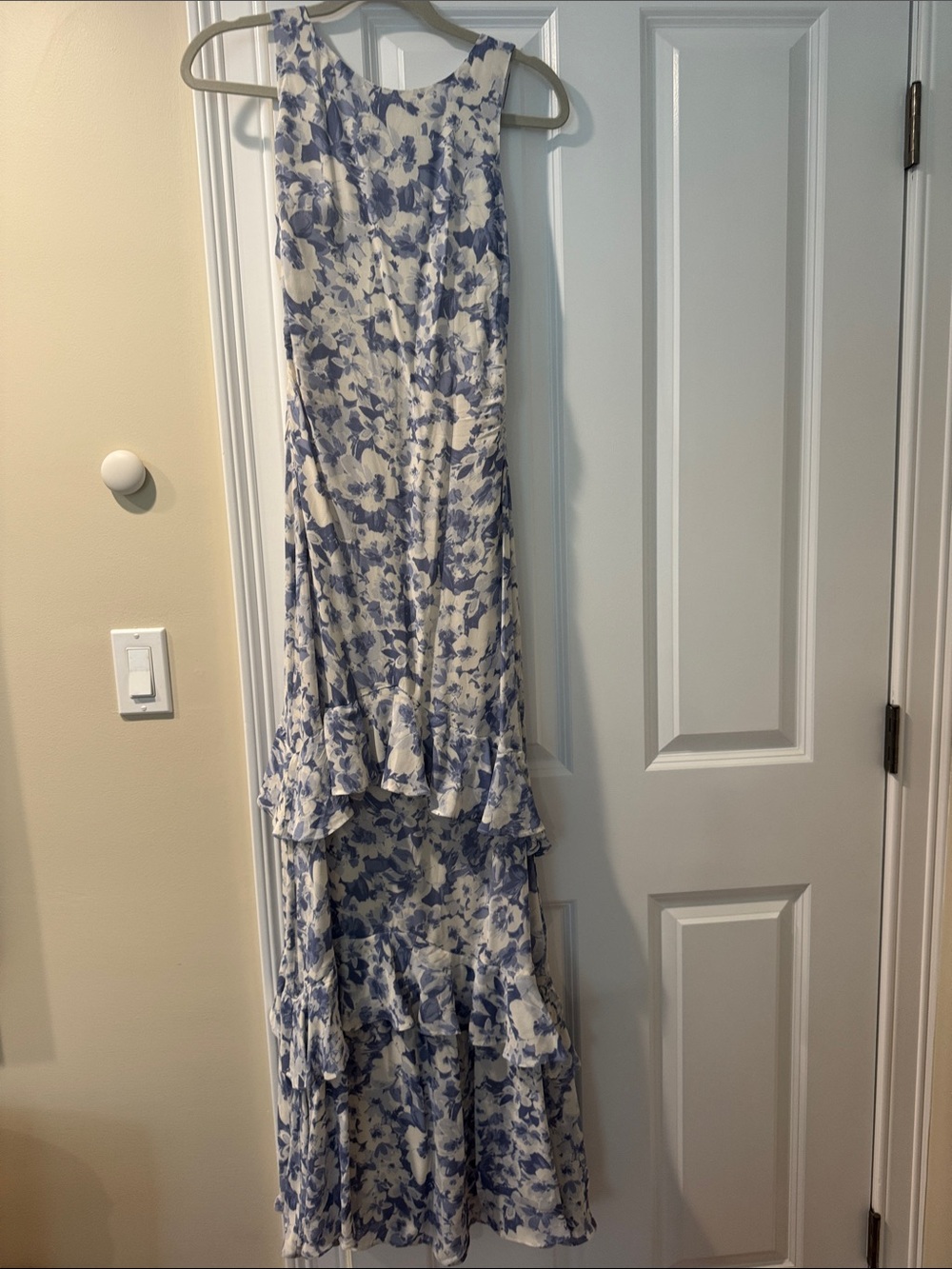 Reformation Blue and White Floral Ruffle-Hem Maxi Dress